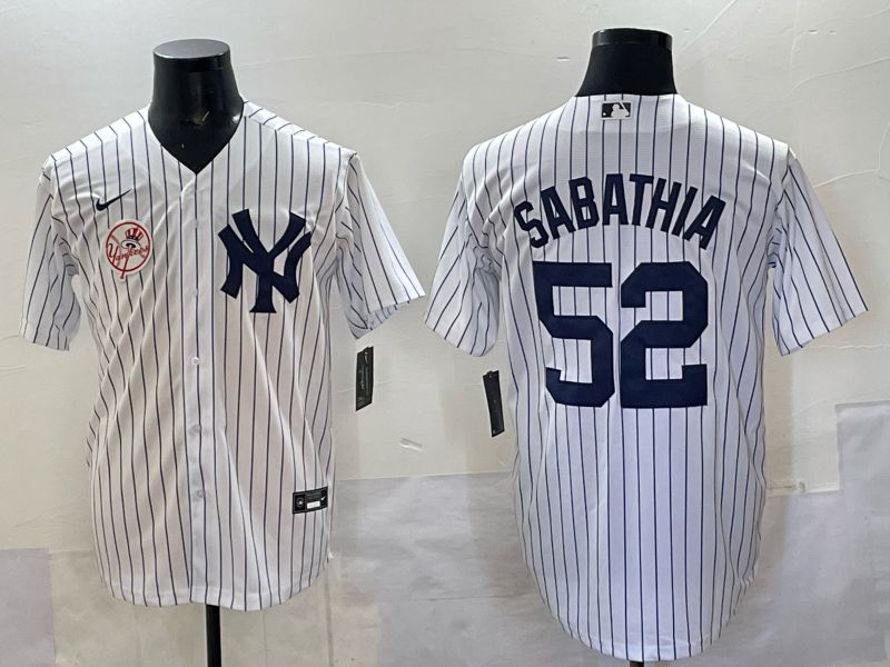 Men New York Yankees #52 Sabathia White Stripe Nike MLB 2025 Jersey 010